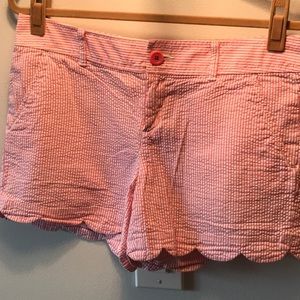 Pink seersucker, scallop bottom shorts